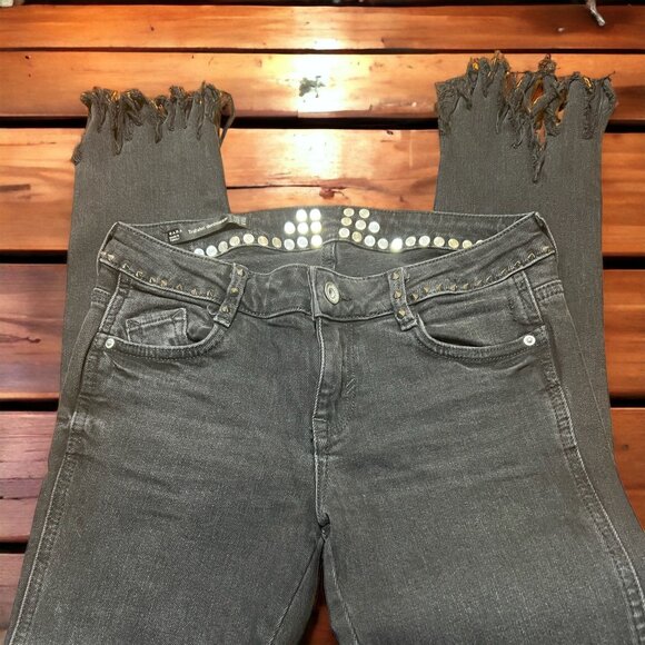 Zara Black Trafaluc Jeans Silver Tone Studs Distressed Destroyed Raw Hem Size 2 - Picture 1 of 5